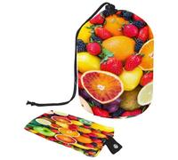 Beauty case con coulisse, a forma di botte di frutta fresca, fragola, gelso, arancia, uva, beauty case, organizer da viaggio + piccola borsa, Multi, 9.9x6.9in/25.2x17.6cm;6x3.5in/15.2x8.8cm, Beauty