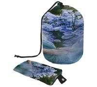 Beauty case con coulisse, borsa da toilette a forma di barile con ragazza dietro il fiore blu, borsa da viaggio organizer per trucchi + piccola borsa, Multi, 9.9x6.9in/25.2x17.6cm;6x3.5in/15.2x8.8cm,