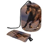 Beauty case con coulisse, borsa per cosmetici a forma di botte, con cavallo che corre sul tramonto sulla spiaggia, borsa per cosmetici da viaggio + piccola borsa, Multi,