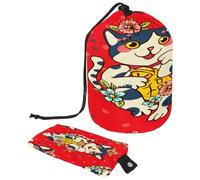 Beauty case con coulisse, gatto giapponese Maneki Neko con fiore a forma di barile beauty case, organizer da viaggio + piccola borsa, Multi, 9.9x6.9in/25.2x17.6cm;6x3.5in/15.2x8.8cm, Beauty case