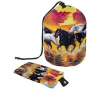 Beauty case con coulisse, motivo: cavalli che corrono in schizzi d'acqua a forma di botte, trousse per cosmetici, organizer da viaggio + piccola borsa, Multi, 9.9x6.9in/25.2x17.6cm;6x3.5in/15.2x8.8cm,