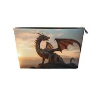 Beauty case con drago color bronzo e cielo tramonto, trousse da viaggio per articoli da toeletta da donna, borsa per il trucco in pelle, borsa per il trucco carina, Oro, One Size