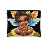 Beauty case con fata, grazioso astuccio da viaggio per cosmetici, da donna, portatile, in tela, con cerniera, regalo di compleanno per la cura della pelle, nero, 7x9 Inch