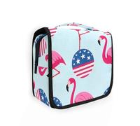 Beauty case con fenicotteri rosa per il 4 luglio, con gancio per appenderlo, elegante trousse da donna con scomparti e manico