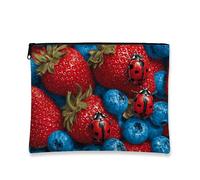 Beauty case con fragole e mirtilli, vivace motivo di frutta, borsa da viaggio per donne, organizer portatile con cerniera, borsa da toeletta regalo per festival estivi, Rosso, 7x9 Inch, Fragole e