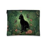Beauty case con gatto e piante grasse da giardino, 18 x 22 cm | Fantasioso tema giardino botanico, sacchetto della chiusura lampo del trucco, illustrazione della foresta incantata