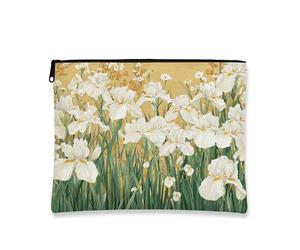 Beauty case con iris bianco, elegante astuccio da viaggio floreale per donne, organizer portatile in tela con cerniera, regalo primaverile, borsa da toilette per la cura della pelle, stile vintage