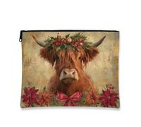 Beauty case con mucca delle Highland, borsa da viaggio rustica floreale per donne, piccola borsa portatile in tela con cerniera, borsa da toilette per le vacanze, Marrone, 7x9 Inch, Animale