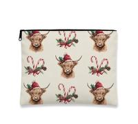 Beauty case con mucca delle Highlands, borsa da viaggio per cosmetici a tema natalizio, piccola borsa portatile in tela con cerniera, borsa da toilette per le vacanze, Beige, 7x9 Inch, Mucca delle