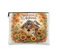 Beauty case con passero autunnale, borsa da viaggio per donne e ragazze, piccola borsa portatile in tela con cerniera, borsa da toilette autunnale, 17,8 x 22,9 cm