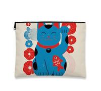 Beauty case con simpatico gatto, blu con gattino portafortuna, astuccio da viaggio per donne, piccolo organizer portatile in tela con cerniera, regalo ideale per festival e stagioni primaverili, Blu