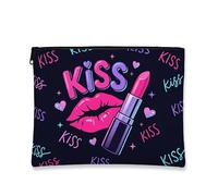Beauty case con stampa bacio, astuccio per cosmetici da donna, astuccio portatile in tela con cerniera, borsa da toilette da viaggio per San Valentino, Nero, 7x9 Inch, Rossetto