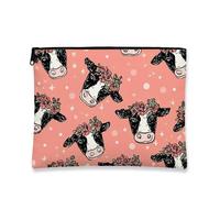 Beauty case con stampa di mucca, design floreale nero bianco e nero con mucca, astuccio da viaggio per donne, organizer portatile con cerniera, carino per festival e occasioni speciali, Pesca, 7x9