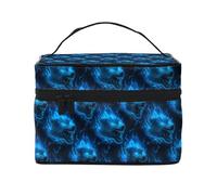 Beauty case con stampa di testa di lupo e fulmine blu con fiamma, graziose borse per cosmetici da donna, grande borsa organizer da viaggio per il trucco
