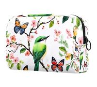 Beauty case con uccellini verdi e farfalle colorate tra rami floreali, piccola borsa da viaggio con cerniera, borsa da toeletta portatile, organizer per trucchi per donne e ragazze, Multicolore 02