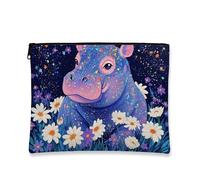 Beauty case cosmico con ippopotamo, borsa da viaggio per cosmetici con motivo floreale stellato per donne, piccola borsa portatile in tela con cerniera, regalo per festival di primavera, borsa da