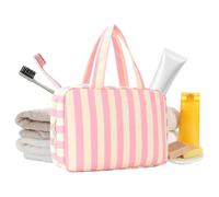 Beauty case da donna, 4 scomparti, impermeabile, pieghevole, con gancio, per tutti i giorni, fine settimana, vacanze, crociera, campeggio, doccia, armadio, valigia, Bianco e rosa., Refer to