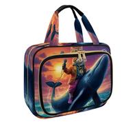 Beauty case da donna, borsa da toilette da viaggio, con divertente gatto che cavalca una balena, organizer per cosmetici e articoli da toeletta per accessori essenziali da viaggio, Multicolore 2., M