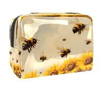 Beauty case da donna, con api sul campo di girasoli, borsa da viaggio per articoli da toeletta grandi, in PVC, pratica custodia organizer con cerniera, Multi, 18.5x7.5x13cm/7.3x3x5.1in, Beauty case