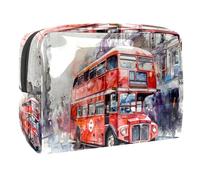 Beauty case da donna, con autobus rosso di Londra sulla strada di Parigi, borsa da viaggio grande in PVC per trucchi, pratica custodia organizer con cerniera, Multi, 18.5x7.5x13cm/7.3x3x5.1in, Beauty