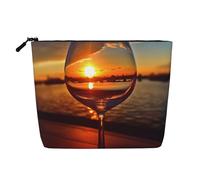 Beauty case da donna con bicchiere di vino in The Sunset, organizer da viaggio portatile, borsa da toilette con chiusura a zip, Bicchiere di vino al tramonto, Taglia unica
