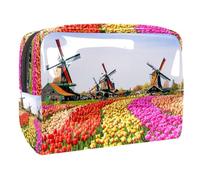 Beauty case da donna, con campi di fiori e mulino a vento, per articoli da toeletta da viaggio, grande, in PVC, pratico astuccio organizer con cerniera, Multi, 18.5x7.5x13cm/7.3x3x5.1in, Beauty case