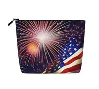 Beauty case da donna con decorazione floreale a forma di cuore, organizer da viaggio portatile, borsa da toilette con chiusura a zip, Fuochi d'artificio bandiera, Taglia unica