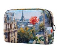 Beauty case da donna, con disegno di Parigi con paesaggio urbano e pittura a olio, borsa da viaggio grande, pratica borsa organizer con cerniera