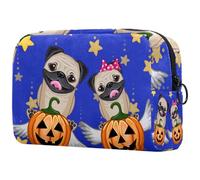 Beauty case da donna, con due cuccioli di cane che cavalca le ali e zucca, borsa da viaggio per articoli da toeletta grande, pratica borsa organizer con cerniera, Multi, 18.5x7.5x13cm/7.3x3x5.1in,