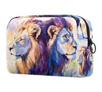 Beauty case da donna, con due leoni ad acquerello, per articoli da toeletta da viaggio, grande, pratica borsa organizer con cerniera, Multi, 18.5x7.5x13cm/7.3x3x5.1in, Beauty case