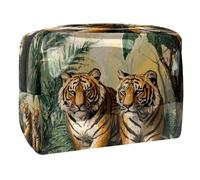 Beauty case da donna, con due tigri su cespuglio, borsa da viaggio grande in PVC per trucchi, pratica custodia organizer con cerniera, Multi, 18.5x7.5x13cm/7.3x3x5.1in, Beauty case