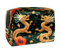 Beauty case da donna, con fiori rossi e papaveri e draghi, per articoli da toeletta da viaggio, grande, in PVC, pratico astuccio organizer con cerniera, Multi, 18.5x7.5x13cm/7.3x3x5.1in, Beauty case