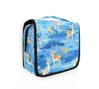 Beauty case da donna con grazioso cervo e fiori blu, con gancio per appenderlo, con scomparti e manico
