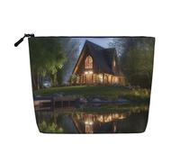 Beauty case da donna con grazioso gufo con fiori - organizer da viaggio portatile, borsa da toilette con chiusura a zip, Chalet in riva al lago, Taglia unica