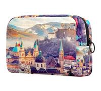 Beauty case da donna, con immagine di città nelle Alpi di Mozart, borsa per cosmetici da viaggio, grande, pratica borsa organizer con cerniera, Multi, 18.5x7.5x13cm/7.3x3x5.1in, Beauty case