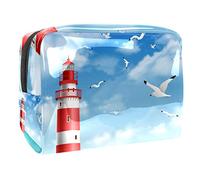 Beauty case da donna, con immagine di gabbiani marini, con faro, borsa da viaggio grande, in PVC, con cerniera, Multi, 18.5x7.5x13cm/7.3x3x5.1in, Beauty case
