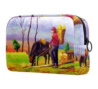 Beauty case da donna, con immagine di un cavallo al pascolo, con paesaggio di campagna, borsa da viaggio per articoli da toeletta grande, pratica borsa organizer con cerniera, Multi,