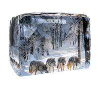 Beauty case da donna con lupi che camminano sulla foresta fredda, borsa da viaggio grande in PVC per trucchi con cerniera, Multi, 18.5x7.5x13cm/7.3x3x5.1in, Beauty case