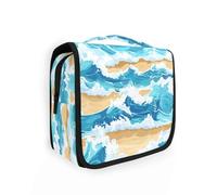 Beauty case da donna con motivo a onde sulla spiaggia, con gancio per appenderlo, con scomparti e maniglia, colore: blu