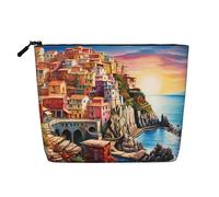 Beauty case da donna, con motivo a quadri di cervo e orso, borsa da viaggio portatile, organizer quotidiano con cerniera, Cinque Terre Paesaggio, Taglia unica