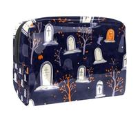 Beauty case da donna, con motivo di alberi e tombe di Halloween, da viaggio, grande, in PVC, con cerniera, Multi, 18.5x7.5x13cm/7.3x3x5.1in, Beauty case