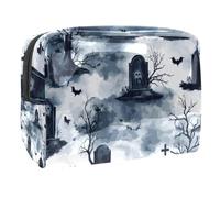 Beauty case da donna, con motivo di pipistrelli e tombe, per Halloween, per articoli da toeletta da viaggio, grande, in PVC, pratico astuccio organizer con cerniera, Multi, 18.5x7.5x13cm/7.3x3x5.1in,