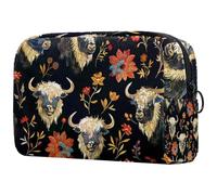 Beauty case da donna con motivo floreale con testa di yak, con cerniera, organizer per cosmetici da viaggio, Multi, 18.5x7.5x13cm/7.3x3x5.1in, Art Deco