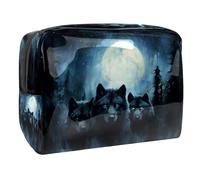 Beauty case da donna, con motivo lupi della foresta notturna, da viaggio, grande, in PVC, pratico astuccio organizer con cerniera, Multi, 18.5x7.5x13cm/7.3x3x5.1in, Beauty case