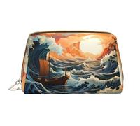 Beauty case da donna con motivo mare e vela, grande capacità, borsa da viaggio in pelle PU con cerniera, organizer portatile e aperto