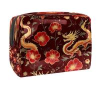 Beauty case da donna, con motivo papaveri e draghi tradizionali, borsa da viaggio per articoli da toeletta in PVC, pratica custodia organizer con cerniera, Multi, 18.5x7.5x13cm/7.3x3x5.1in, Beauty