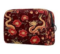 Beauty case da donna, con motivo papaveri e draghi tradizionali, da viaggio, grande, con cerniera, Multi, 18.5x7.5x13cm/7.3x3x5.1in, Beauty case