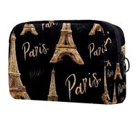 Beauty case da donna, con motivo Torri di Parigi su sfondo nero, per articoli da toeletta da viaggio, grande, con cerniera
