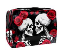 Beauty case da donna, con rose rosse, cuore e scheletro, borsa da viaggio per articoli da toeletta grandi, in PVC, pratica custodia organizer con cerniera, Multi, 18.5x7.5x13cm/7.3x3x5.1in, Beauty