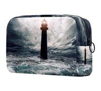 Beauty case da donna, con scritta "Lighthouse on Stormy Sea", borsa da viaggio grande per trucchi, pratica borsa organizer con cerniera, Multi, 18.5x7.5x13cm/7.3x3x5.1in, Beauty case